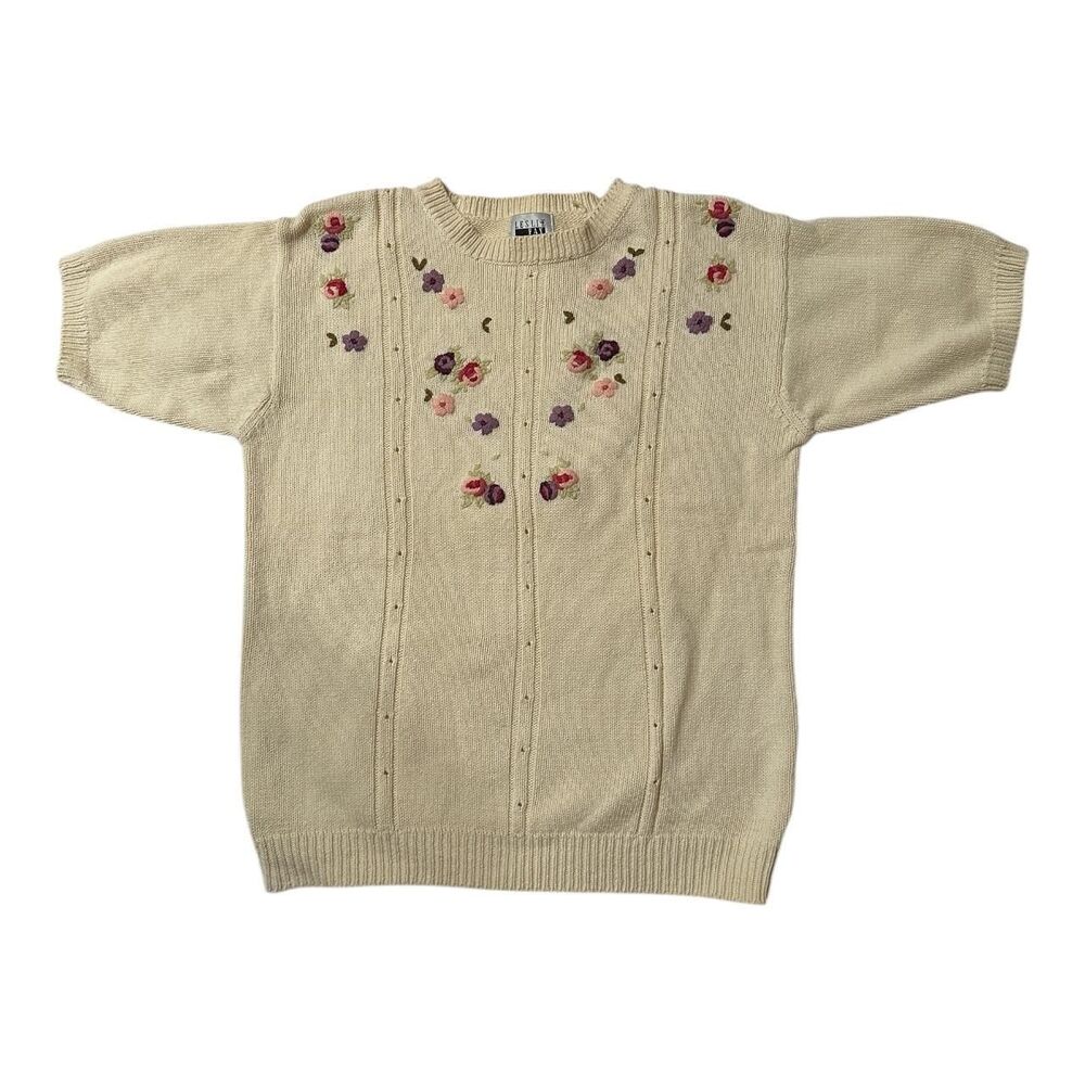 Leslie Fay Women's Cream Short Sleeve Sweater Grannie Grandma Style